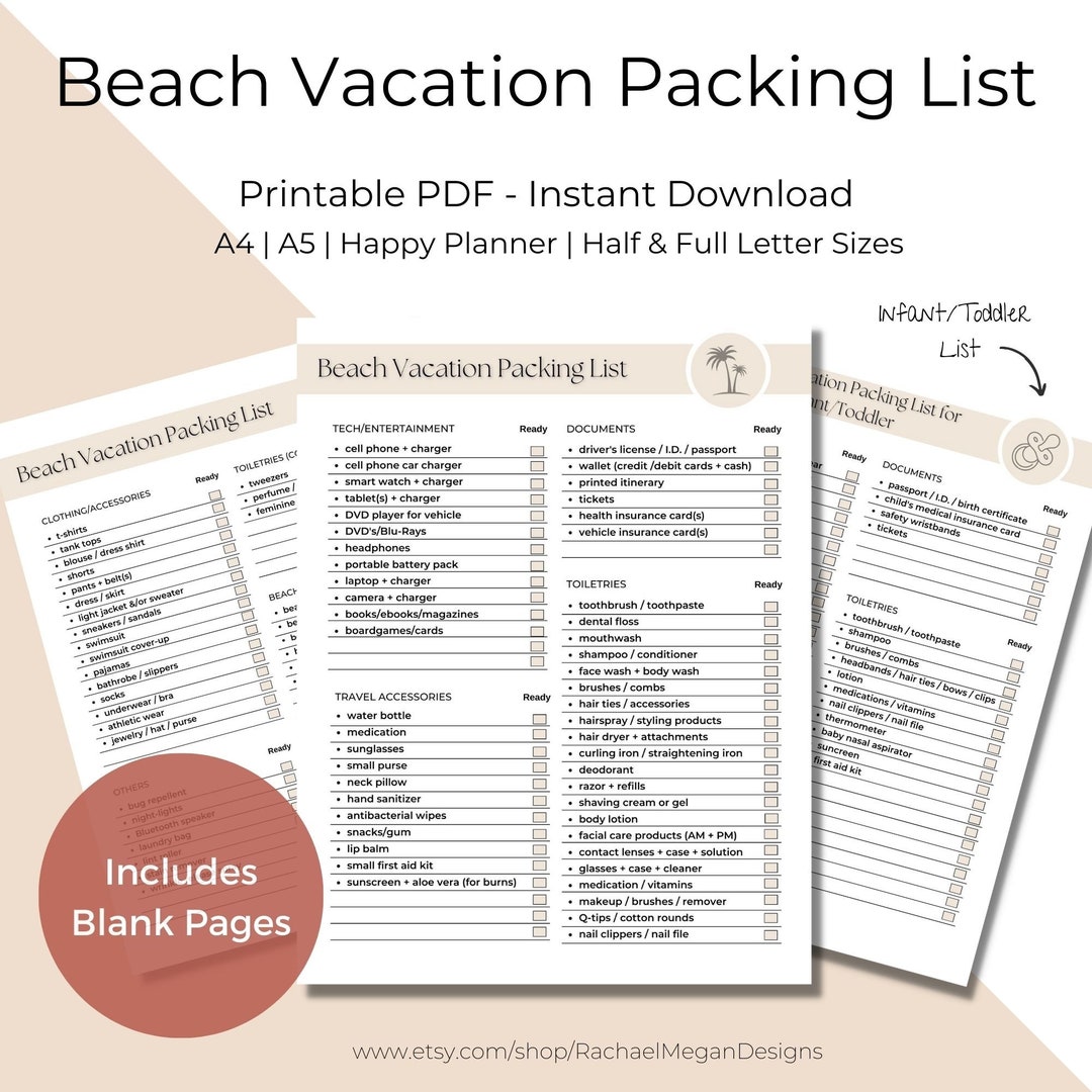 Beach Vacation Packing List Printable Blank Beach Vacation - Etsy