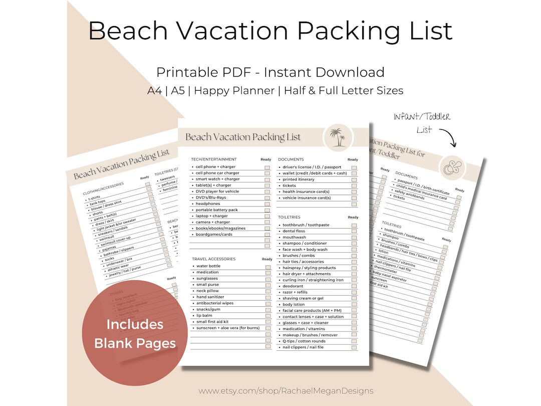 Beach Vacation Packing List Printable, Blank Beach Vacation Packing List Printable, Infant ...