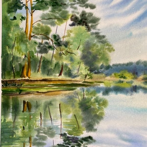 Dipinto originale ad acquerello Forest Lake. Dipinto en plein air nell'estate del 2024. 10x15 pollici.