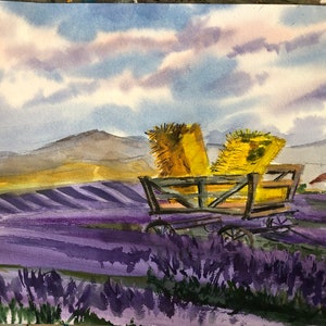 "Gemälde ""Karre auf einem Lavendelfeld""" Originalarbeit. Original Aquarell. Aquarell. 10-15 Zoll. Handgefertigt