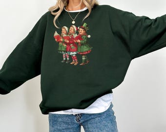 Vintage Christmas Sweatshirt: Retro Girl Carolers, Old School Style
