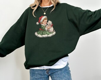 Vintage Christmas Sweatshirt: Girl and Dog Graphic, Retro Holiday Style