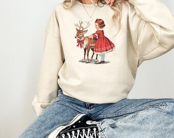 Vintage Girl and Reindeer Christmas Sweatshirt