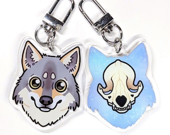 Porte-clés acrylique crâne de loup gris : breloque recto-verso 2 pouces