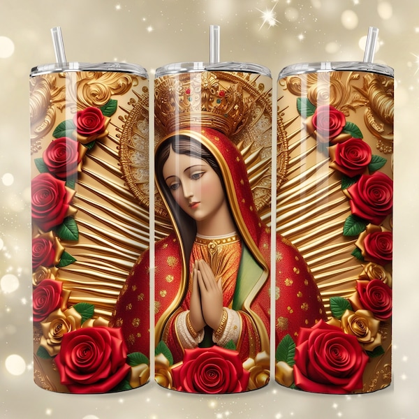 Virgin Mary 20oz Skinny Tumbler Sublimation, Virgin Mary in Red Roses Season Tumbler Png, Virgen de Gaudalupe Tumbler Png, Digital Download