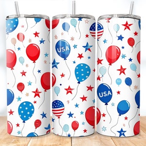4th of July Balloons 20 oz Skinny Tumbler Sublimation, Patriotic Tumbler Wrap, American Flag Tumbler Png, independence Day, Digital Download