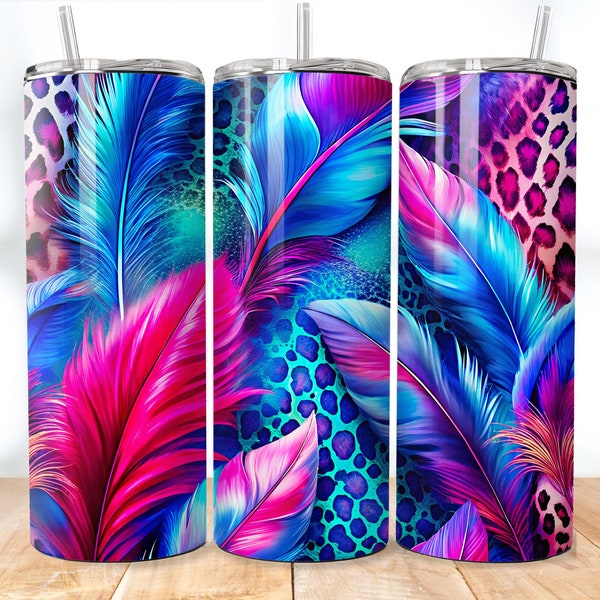 Pink and Blue Feathers 20 oz Skinny Tumbler Sublimation, Leopard Pattern Png, Fancy Tumbler Wrap, Skinny/Straight, Digital Download, Png