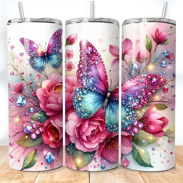 Pink Glitter Butterflies 20 oz Skinny Tumbler Sublimation, Diamond Butterfly Tumbler Designs, Watercolor, Skinny/Straight, Digital Download