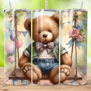 Teddy Bear on The Swing 20 oz Skinny Tumbler Sublimation, Skinny/Straight,  Cute Teddy Bear Tumbler Wrap, Digital Download, PNG