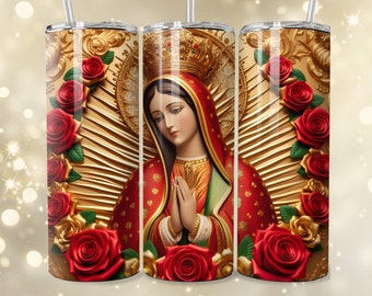 Virgin Mary 20oz Skinny Tumbler Sublimation, Virgin Mary in Red Roses Season Tumbler Png, Virgen de Gaudalupe Tumbler Png, Digital Download