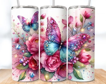 Pink Glitter Butterflies 20 oz Skinny Tumbler Sublimation, Diamond Butterfly Tumbler Designs, Watercolor, Skinny/Straight, Digital Download