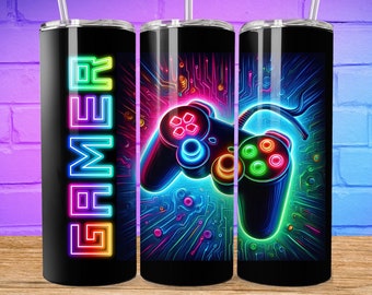 Gamer Neon 20oz Skinny Tumbler Sublimation, Video Gaming Tumbler Png, Game Player Tumbler Wrap, Seamless Tumbler Png, Digital Download, PNG