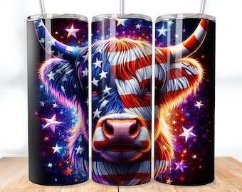 American Flag Highland Cow Tumbler Sublimation Design (Digital Download)