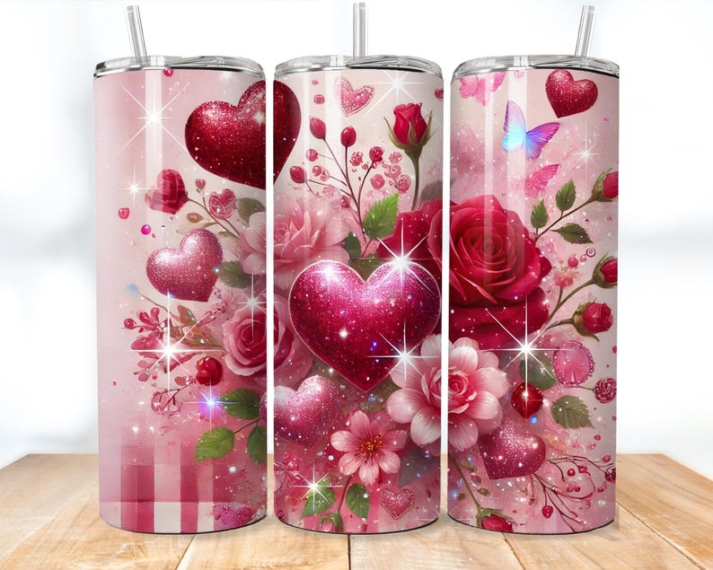 May include: Three stainless steel tumblers with a pink and red glitter design featuring hearts, roses, and butterflies. The tumblers are perfect for Valentine's Day or any romantic occasion.