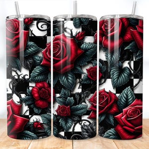 Red Roses 20 oz Skinny Tumbler Sublimation, Gothic Rose Pattern Png, Checkers Tumbler Png, Floral Tumbler Png, Digital Download, PNG