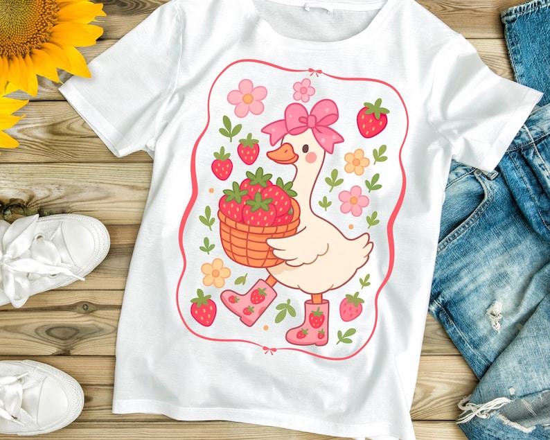 K&ouml;nnte beinhalten: Wei&szlig;es T-Shirt mit einer Cartoon-Illustration eines Entchens, das eine rosa Schleife tr&auml;gt und einen Korb mit Erdbeeren tr&auml;gt. Das Entchen ist von rosa Blumen und gr&uuml;nen Bl&auml;ttern umgeben.