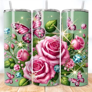 Pink Roses 20 oz Skinny Tumbler Sublimation, Diamond Butterfly Tumbler, Pink Glitter Butterflies Tumbler Wrap , Digital Download, PNG