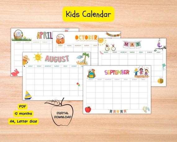 Blank Calendar for Kids, Homeschool Planner, Printable calendar, Academic Calendar, Kids Monthly Calendar, Digital Download