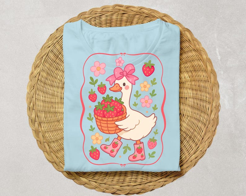 K&ouml;nnte beinhalten: Ein hellblaues T-Shirt mit einer Cartoon-Illustration einer Gans, die eine rosa Schleife tr&auml;gt und einen Korb mit Erdbeeren tr&auml;gt. Die Gans ist von Blumen und Erdbeeren umgeben.