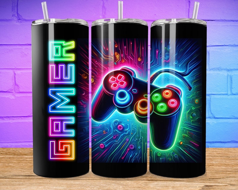 Gamer Neon 20oz Skinny Tumbler Sublimation, Video Gaming Tumbler Png ...