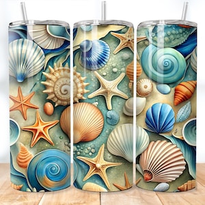 Seashells 20 oz Skinny Tumbler Sublimation, Summer Wrap, Blue Seashells Sublimation, Starfish PNG, Seamless Pattern, Digital Download, PNG