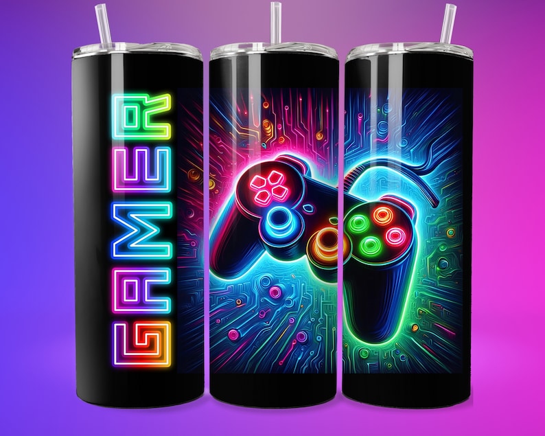 Gamer Neon 20oz Skinny Tumbler Sublimation, Video Gaming Tumbler Png ...