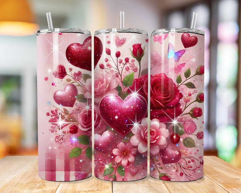 May include: Three stainless steel tumblers with pink, red, and white floral designs. The tumblers feature hearts, butterflies, and glitter accents.