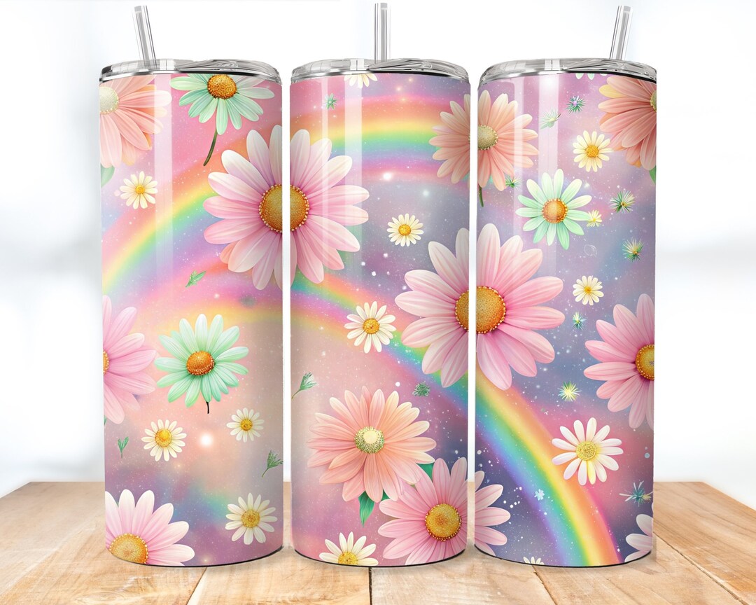 Rainbow Daisy 20 Oz Skinny Tumbler Sublimation, Pink Daisies Tumbler ...