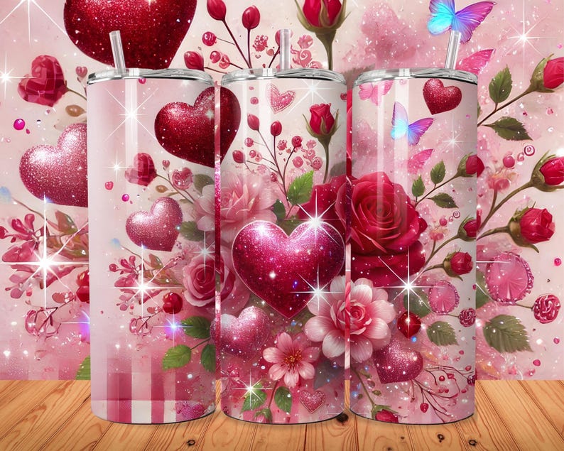 May include: Three pink and red stainless steel tumblers with a Valentine's Day theme. The tumblers feature a design of red roses, hearts, and butterflies on a pink and white background.