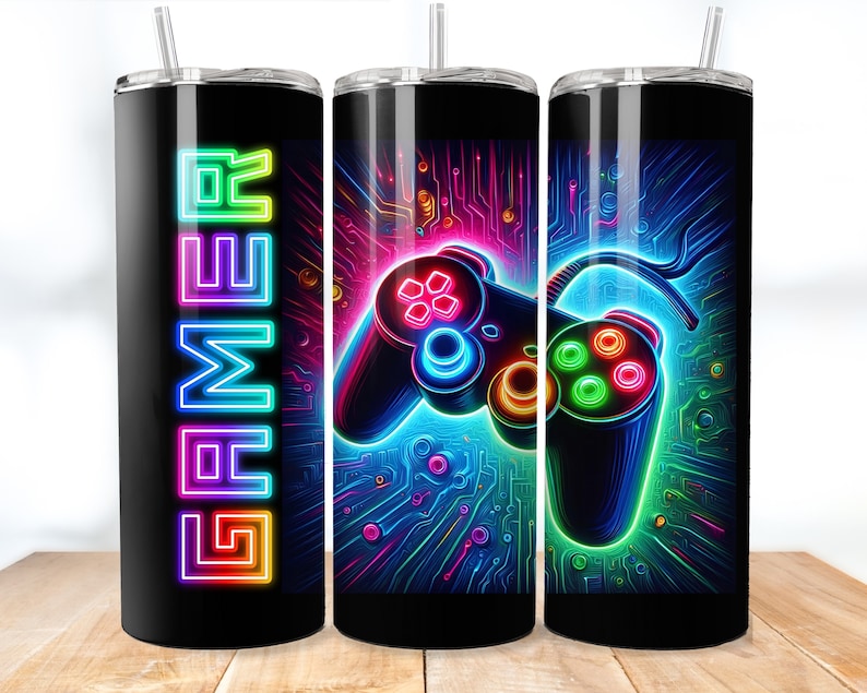 Gamer Neon 20oz Skinny Tumbler Sublimation, Video Gaming Tumbler Png ...