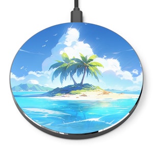 Palm Tree On A Small Island Wireless Charger, Aesthetic, Charging Station for all iphone & android devices with wireless charging enabled
