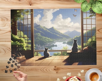 Japanese Landscape Jigsaw Puzzle, Cats Puzzle, Bonsai Tree, 500 Pieces, 1000 Pieces, Unique Jigsaw, Family, Adults, Kids, Family Activity,