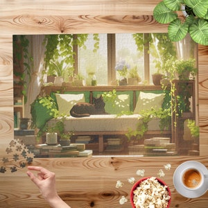 Aesthetic Green Livingroom Jigsaw Puzzle, Cute Cat, Puzzle, 500 Pieces, 1000 Pieces, Unique Jigsaw, Family, Adults, Kids, Family Activity,