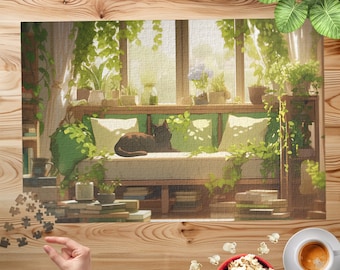 Aesthetic Green Livingroom Jigsaw Puzzle, Cute Cat, Puzzle, 500 Pieces, 1000 Pieces, Unique Jigsaw, Family, Adults, Kids, Family Activity,