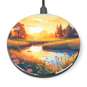 Peaceful landscape wireless charger, flowers, Aesthetic, Charging Station for all iphone & android devices with wireless charging enabled