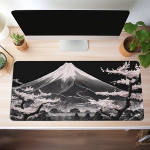 Aesthetic Mount Fuji With Cherry Blossom Trees Mousepad, Black And White, Japan, Desk Mat, Gaming Mouse Pad, XL Mousepad, Multiple Sizes