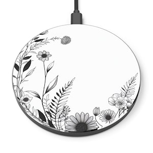Black And White Floral Wireless Charger, Aesthetic, Charging Station for all iphone & android devices with wireless charging enabled