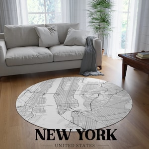 Carte de New York, tapis rond, plan de la ville, tapis noir et blanc, tapis de ville, décoration de maison et de bureau, carpette, grand tapis, impression haute qualité,