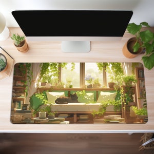 Cozy Green Aesthetic Living Room Mousepad, Cute Cat, Plants, Anime Style, Desk Mat, Gaming Mouse Pad, XL Mousepad, Multiple Sizes