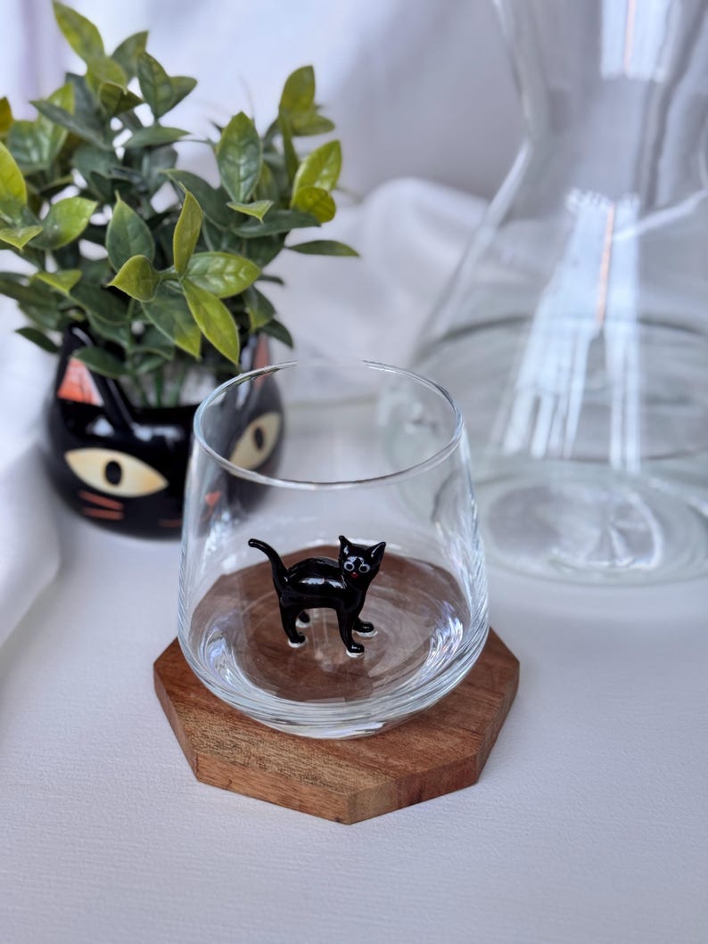Cat Figurine Glass Cup | Murano Wine Glass | Stemless Wine Glass | Cat Lover Gift | Handmade Glassware | 3D Cat Cup | Barware Gift image 6