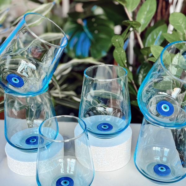 Set of 6 Evil Eye Murano Glass Water Cups Hand Blown Glass Home Decor Figure Inside Mug Glass