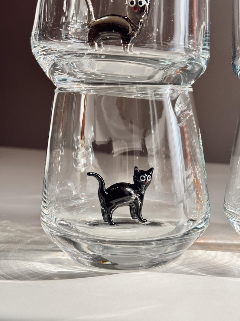 Cat Figurine Glass Cup | Murano Wine Glass | Stemless Wine Glass | Cat Lover Gift | Handmade Glassware | 3D Cat Cup | Barware Gift image 16