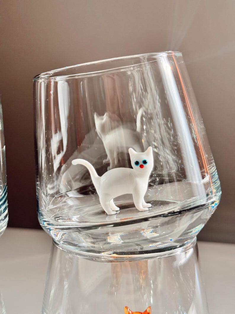 Cat Figurine Glass Cup | Murano Wine Glass | Stemless Wine Glass | Cat Lover Gift | Handmade Glassware | 3D Cat Cup | Barware Gift image 17
