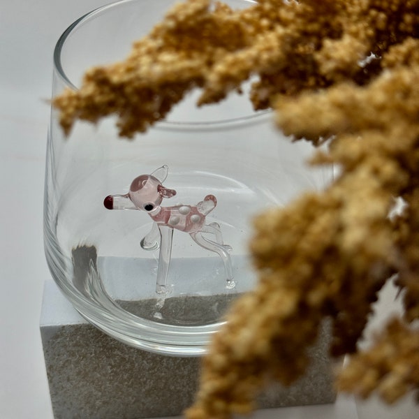 Pink Deer Tiny Murano Glass Cups Drinking Glass 3D Gift for Deer Lovers Handblown Figures Inside Drinking Glass Cup Stemless Glass Wine Gift