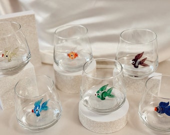 Set of 6 Colorful Fish Figure Glass Cup Drinking Glass with Colorful Fish Figure Iced Coffee Glass Gift for Dad Stemless Wine Glass Gift