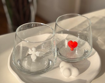 Love Set of 2 Pieces Glasses for Valentine's Day Heart Wine Glasses Gift for her Stemless Glass for Wine Water Unique Gift & Decor