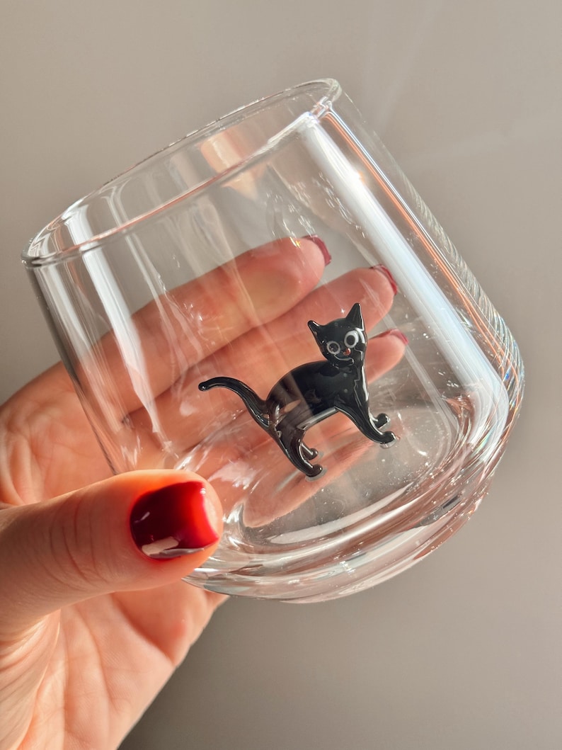 Cat Figurine Glass Cup | Murano Wine Glass | Stemless Wine Glass | Cat Lover Gift | Handmade Glassware | 3D Cat Cup | Barware Gift image 12