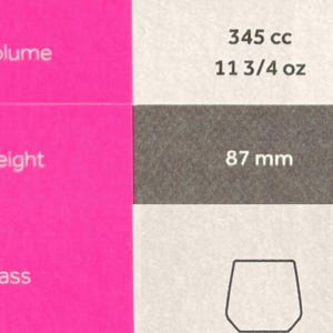 May include: A diagram showing the volume, height, and shape of a glass. The volume is 345 cc or 11 3/4 oz. The height is 87 mm. The glass is clear and has a rounded bottom.