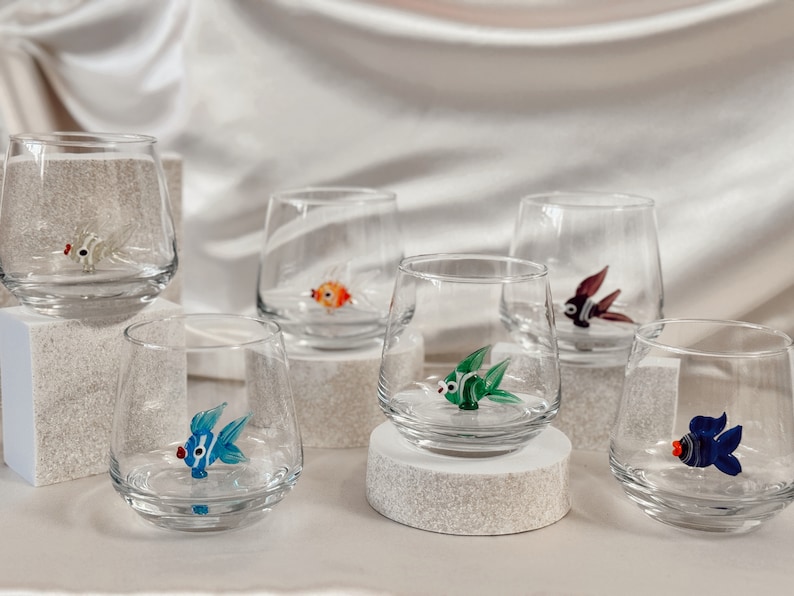 drinking glass with tiny colorful fish figure iced coffee glass gift for dad stemless wine glass gift for couples wine glass cup.jpg