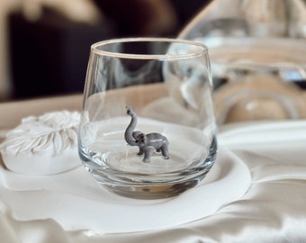 Tiny Elephant Glass Cups Wine Glasses Gift for her Stemless Glass for Wine Water Milk Beverages Unique Gift & Decor Rare 3D